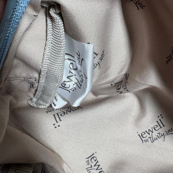 Jewell by Thirty One Uptown Mini Pouch Makeup Blue Black Stripe Zipper Shiny - Picture 8 of 10